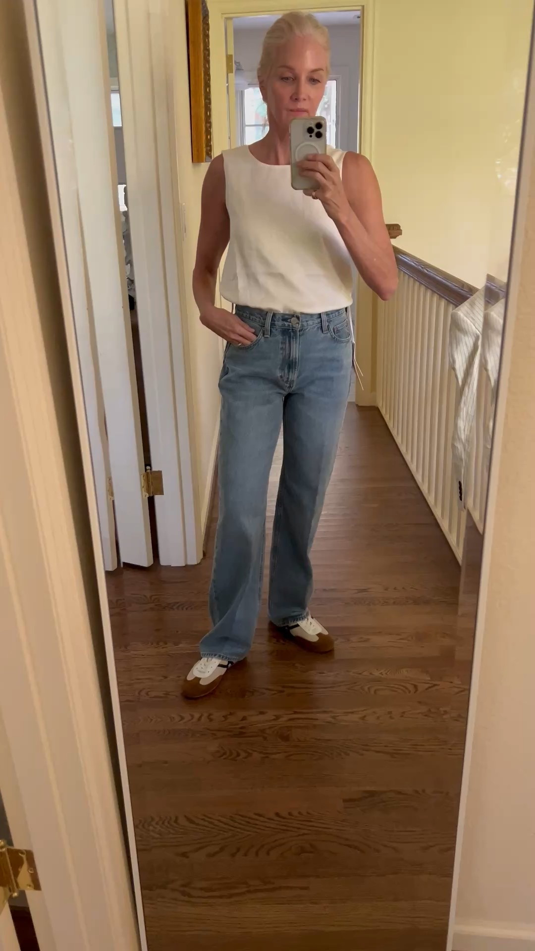 Loving the Iggy jean with a silk sleeveless top. Wearing these trimline sole sneakers on repeat. The Iggy is loose and comfortable- Im in a 24 (5’4” 115). Top is the XS and is washable, line dry. Accessorize or be minimal like me! Timeless, ageless style!

#LTKOver40