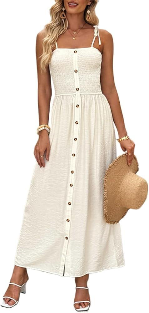 Heloto Womens Summer Dresses 2025 Sleeveless Spaghetti Strap Button Down Beach Vacation Long Maxi... | Amazon (US)