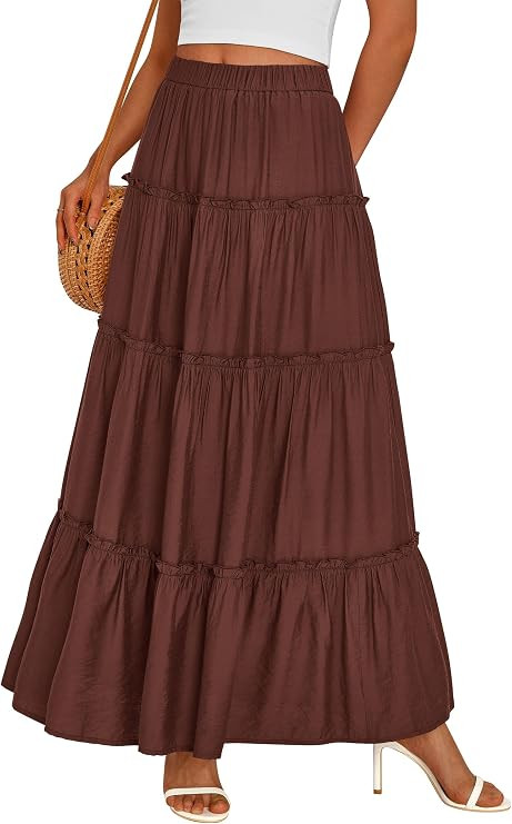 PRETTYGARDEN Women's Boho Tiered Ruffle Flowy Maxi Skirt | Elastic High Waist, Long A Line Skirts... | Amazon (US)