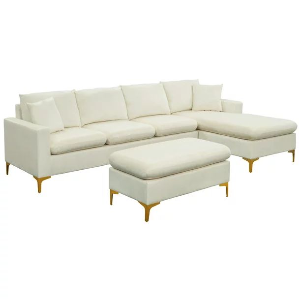 110.6" L-Shaped Sectional Sofa with Ottoman Footrest and Chaise Lounge, Modern Velvet Upholstered... | Walmart (US)