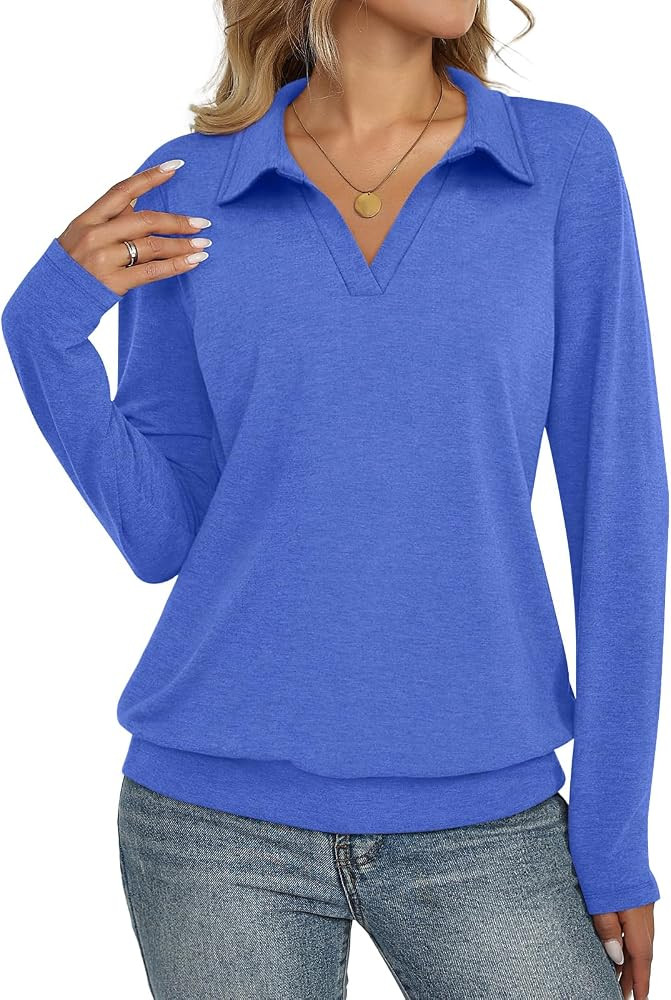 Womens Polo Shirts Long Sleeve Banded Bottom Tops Business Casual Tops Collared V Neck Blouses | Amazon (US)