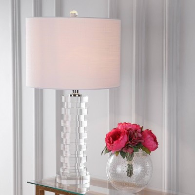 JONATHAN Y 25" Crystal Sasha Table Lamp (Includes LED Light Bulb) Clear :Linen Drum Shade, Chrome Fittings | Target