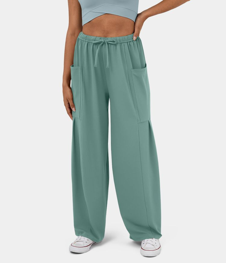 Mid Rise Elastic Waistband Drawstring Side Pocket Palazzo Flowy Wide Leg Casual Pants | HALARA