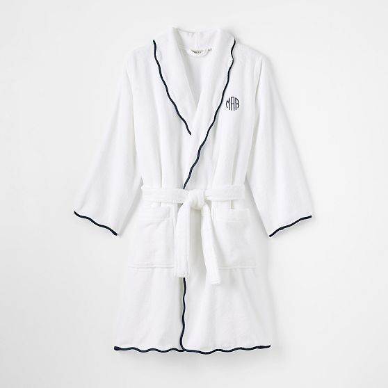 Hydrocotton Scalloped Bath Robe, Medium-Large, White-Navy | Mark and Graham