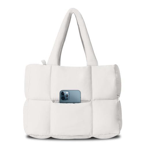NAARIIAN Puffer Tote Bag for Women, Lightweight Quilted Puffy Shoulder Handbag with Adjustable Shoulder Strap, Puffer Bag Satchel Puffer Purse Handbag for Work,Travel, Gym(white) | Amazon (US)