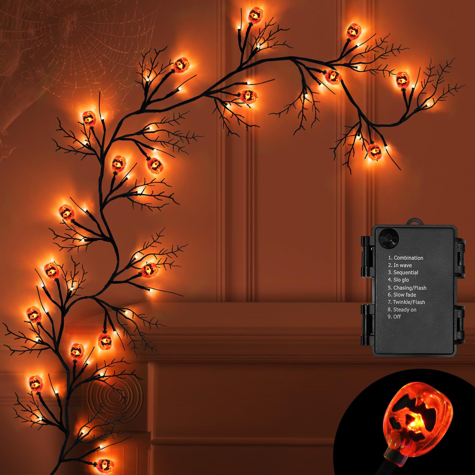 [ 8 Modes & Timer 6 Ft 54 LED Halloween Willow Vine Twig Decor Garland with 18 Pumpkins Orange Li... | Amazon (US)