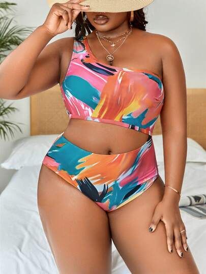 New
     
      Plus Allover Print One Shoulder Cut Out One Piece Swimsuit | SHEIN