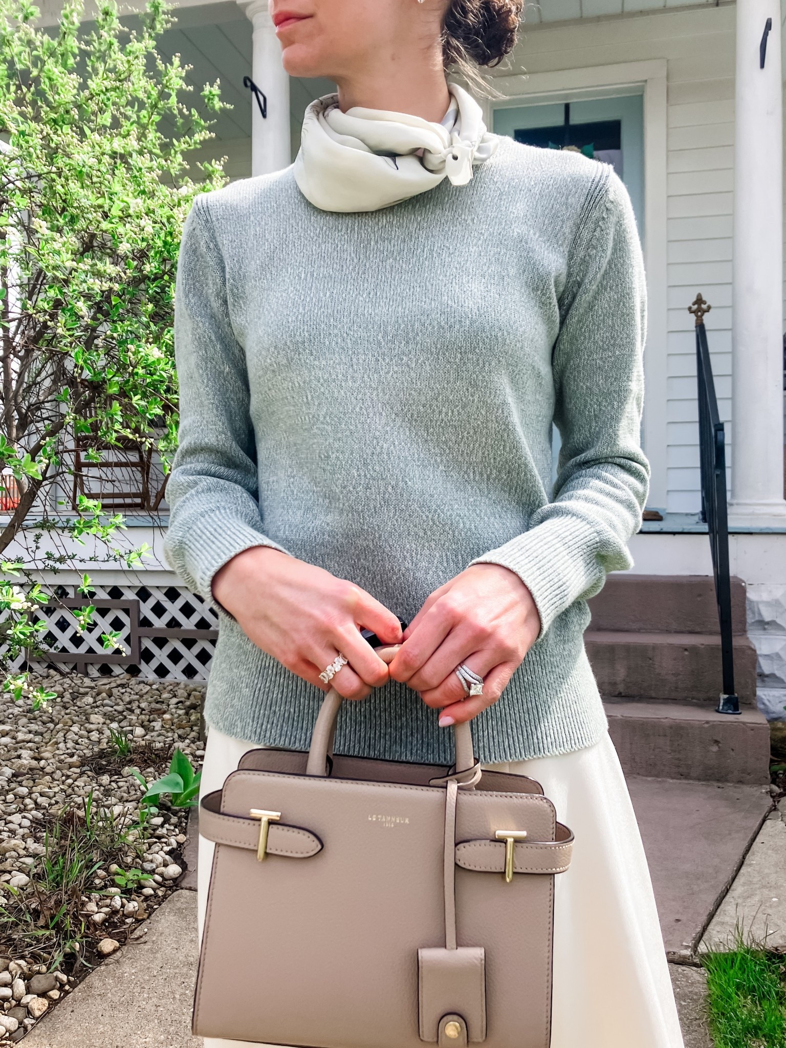 Spring church outfit!
Silk scarf is vintage, linking similar. 
Mint green sweater is old from Madewell, linking similar. 
Cream midi skirt from Chicwish. 
Leather handbag from Le Tanneur. 
Diamond stud earrings from Amazon. 
Eternity band ring from Amazon. 
Church outfit. Petite outfit. Spring outfit. Modest outfit. 

#LTKOver40 #LTKootd #LTKdayinmylife