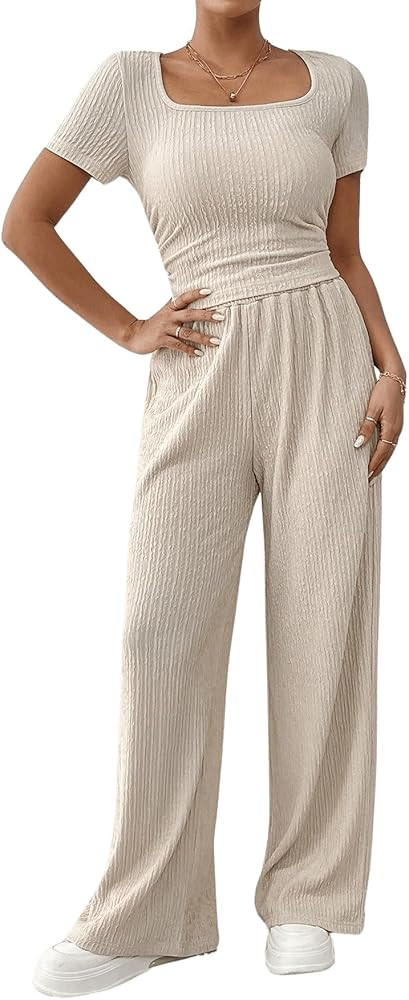 MakeMeChic Women's 2 Piece Outfits Textured Square Neck Short Sleeve Summer Tee Tops and High Wai... | Amazon (US)