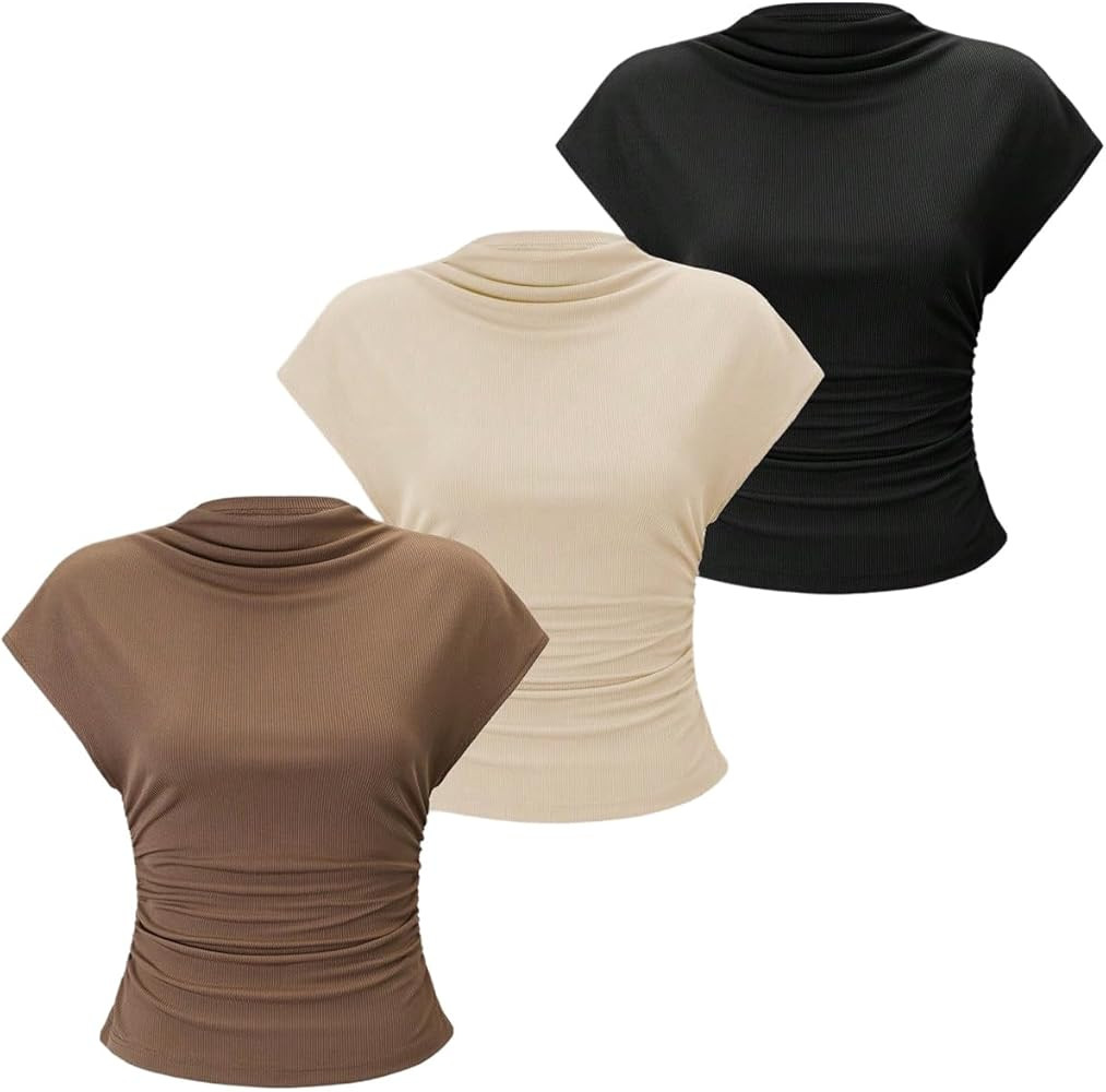 OYOANGLE Women's 3 Pack Business Casual Outfits Mock Neck Ribbed Tank Tops Work Shirts | Amazon (US)