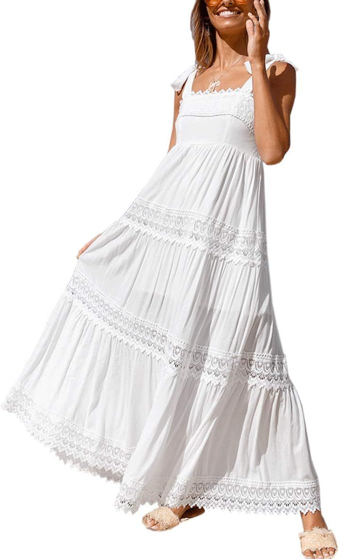 Womens Casual Square Neck Sleeveless Lace Long Boho Maxi Dress Backless Loose Beach Sundress | Amazon (US)