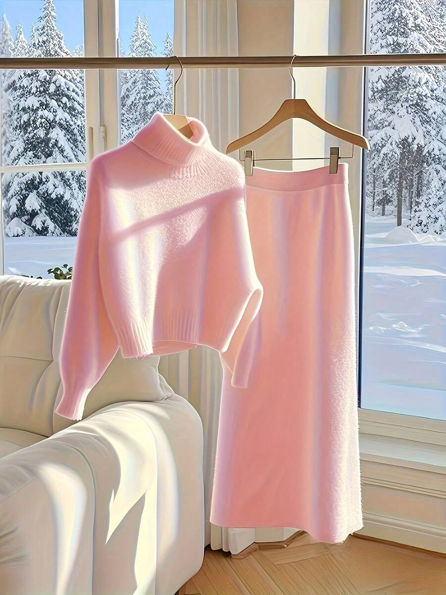 Women's Casual Knit Sweater & Long Skirt Set, High Neck Pullover Sweater And Solid Color Long Ski... | SHEIN