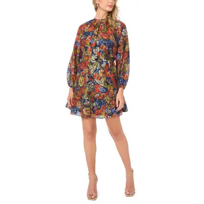 Vince Camuto Floral Long Sleeve Minidress in Classic Navy at Nordstrom, Size Large | Nordstrom