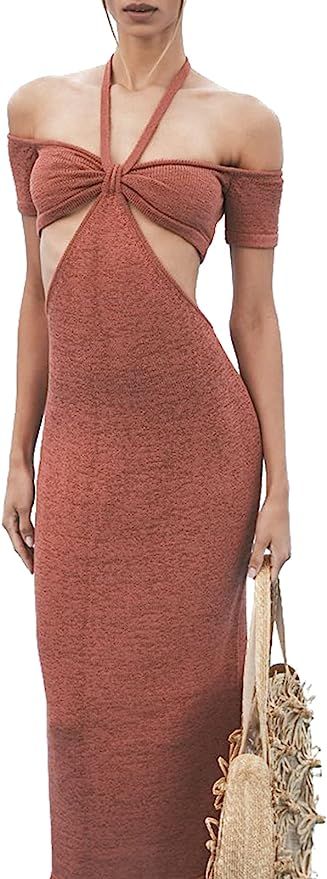 Womens Sexy V-Neck Maxi Crochet Knit Dress, Cutouts Sleeveless Long Dresses Summer Outfits | Amazon (US)