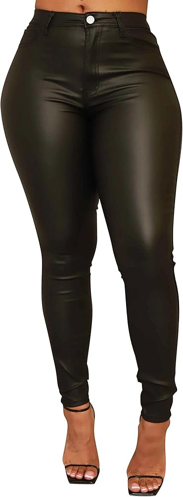 Zebaexf Faux Leather Leggings for Women, Black High Waisted Stretch Leather Pants | Amazon (US)