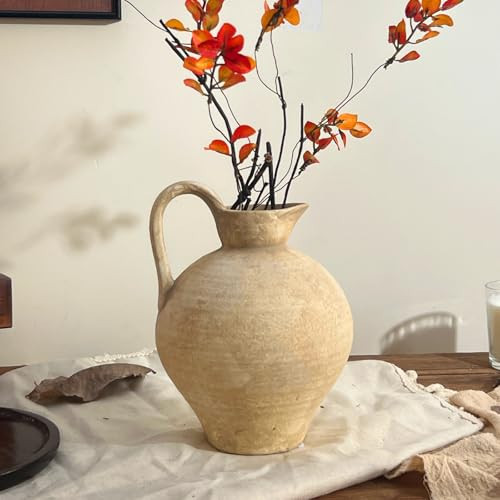 GDSZJLJ Ceramic Rustic Farmhouse Vase with Handle, 8.7 Inch Beige Vintage Vase, Rustic Ceramic Pottery for Home Decor, Farmhouse Decor Centerpiece for Kitchen, Living Room, Entryway | Amazon (US)