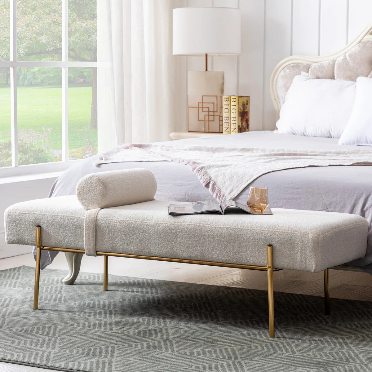 Donoven White 55" End of Bed Bench, Modern Faux Fur Upholstered Ottoman Bench Seat with Gold Legs | Wayfair North America