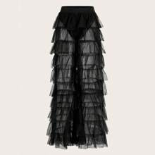 Solid Layered Ruffle Hem Sheer Mesh Pants | SHEIN