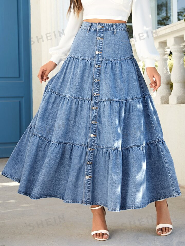 SHEIN VCAY Button Front Ruffle Hem Denim Skirt | SHEIN