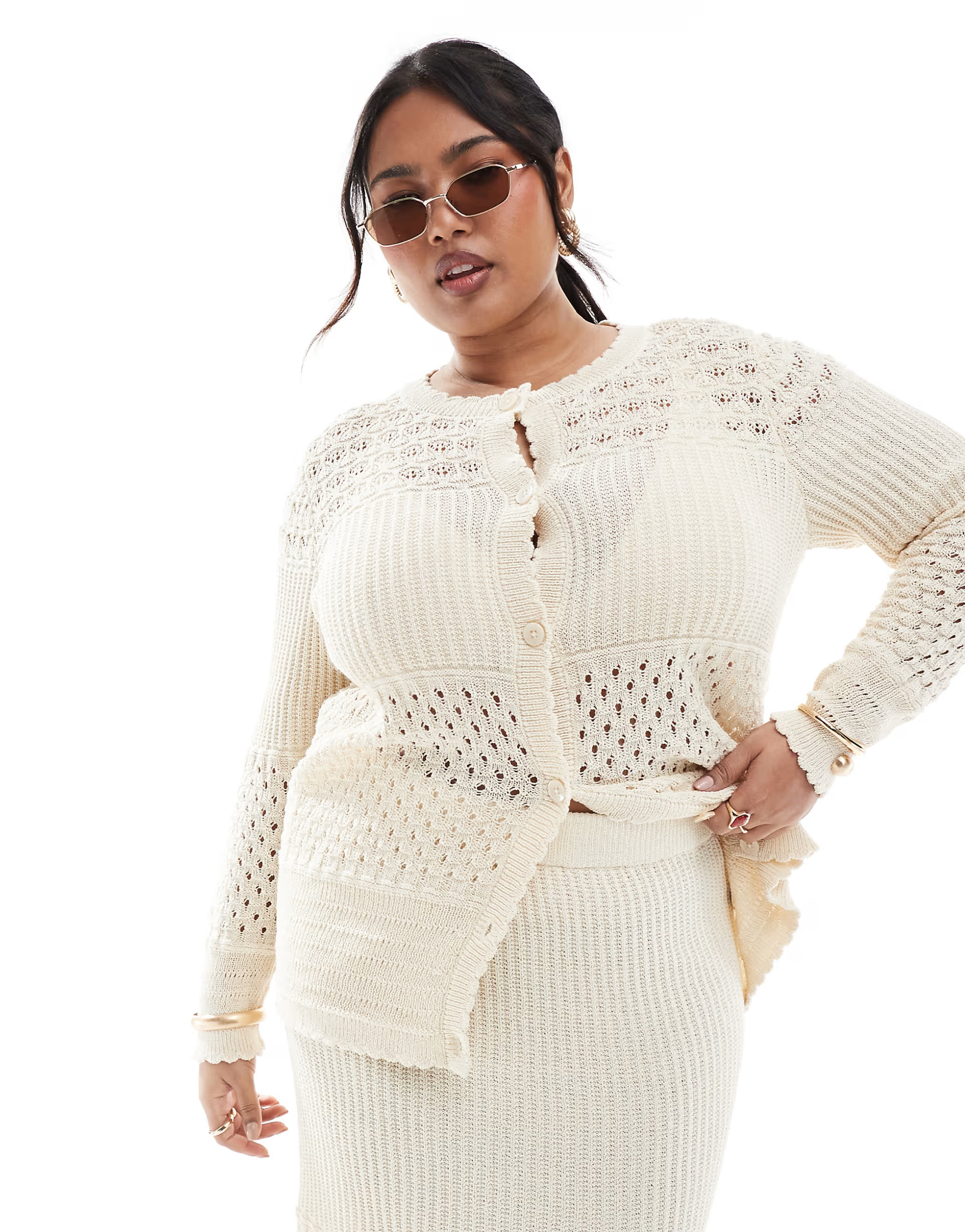 Vero Moda Curve patched crochet cardigan in cream - part of a set | ASOS (Global)