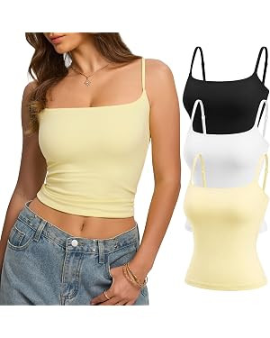 3 Pack Double Lined Tank Tops for Women Square Neck Basic Fitted Going Out Tops Spaghetti Strap S... | Amazon (US)