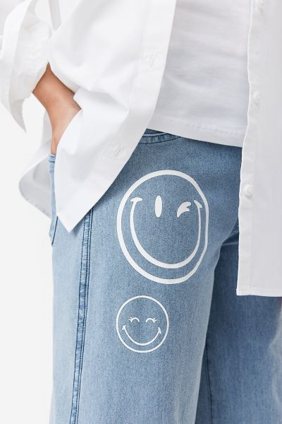 Wide-leg Printed Pants - Denim blue/SmileyWorld® - Kids | H&M US | H&M (US + CA)