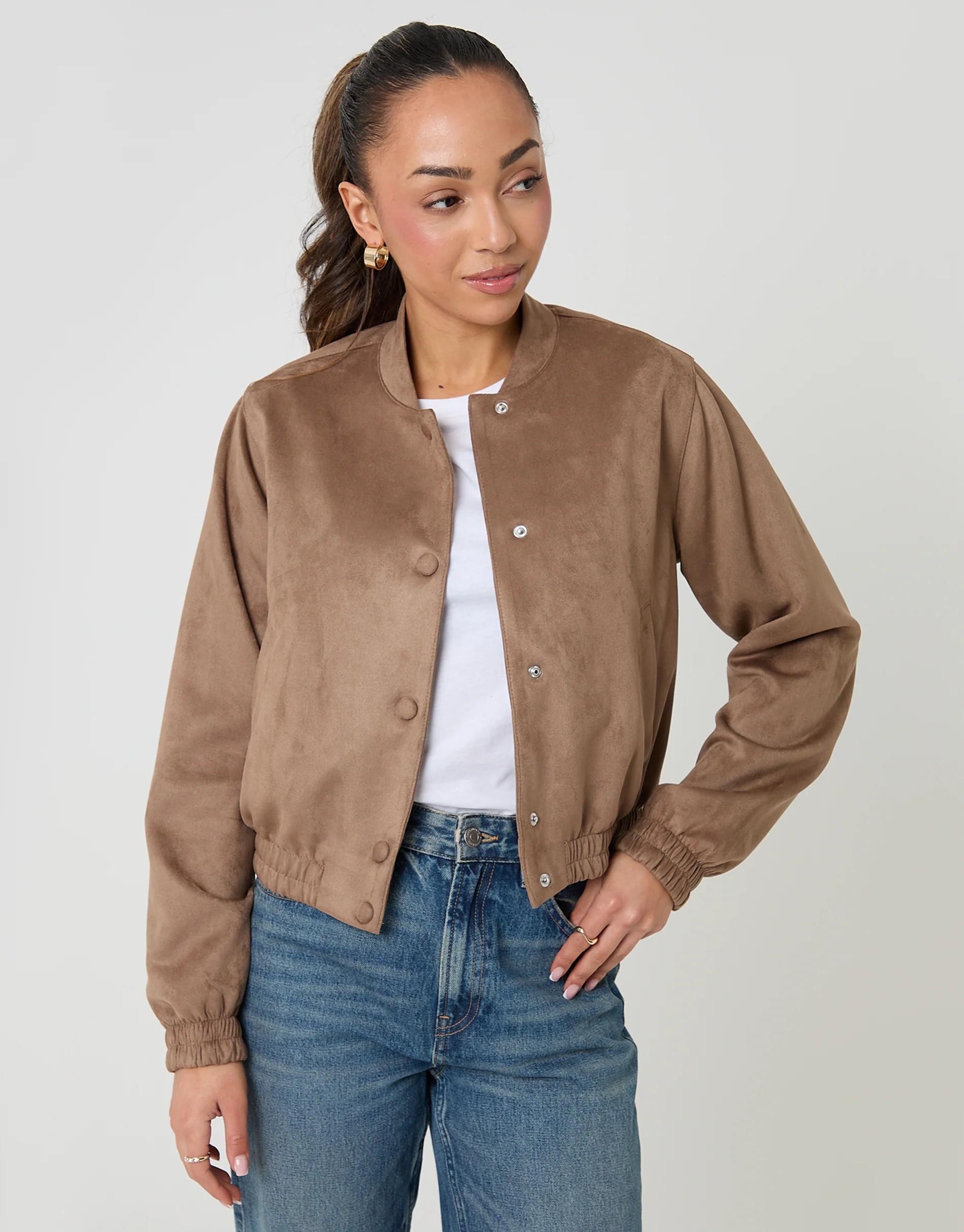 Taupe Faux Suede Bomber Jacket | Threadbare