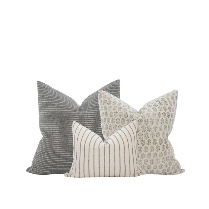 Neutral Grey Pillow Cover Combo Grey Sofa Pillows Neutral Pillow Cover Set Grey Stripe Pillow Com... | Etsy (US)