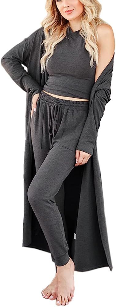 Women's 3 Piece Sweatsuit Lounge Set Cardigan Outfits Open Front Kimono Tank Top Palazzo Pants PJ... | Amazon (US)