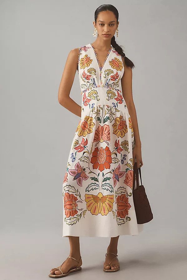 Farm Rio Floral V-Neck Sleeveless Linen Maxi Dress | Anthropologie (US)