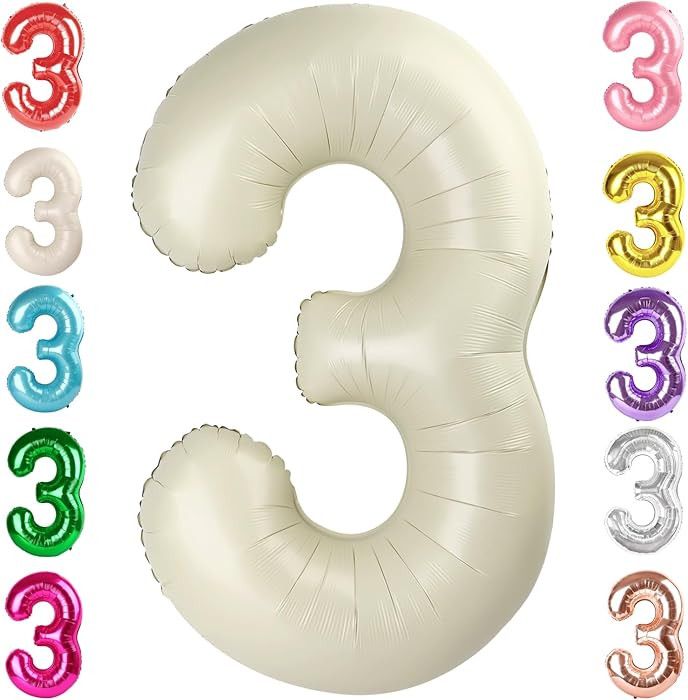 Numbers Balloon 3, 40 Inch Large Cream White Balloon for Three Year Old Birthday Decor, 3 13 30 3... | Amazon (US)
