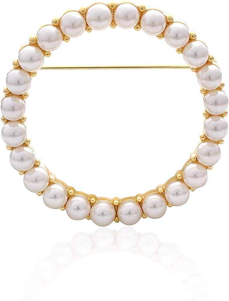 Women's Elegant Zirconia Pearl Gold Open Ring Circle Wreath Brooch Pin Cardigan Scarf Lapel Pin Party Wedding Jewelry | Amazon (US)