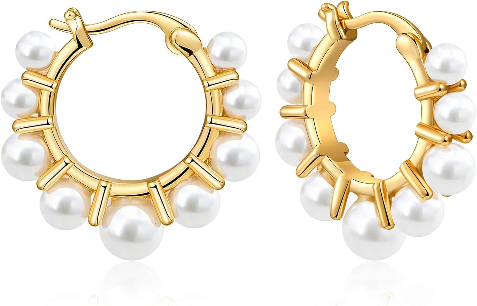 FAMARINE Pearl Hoop Earrings for Women Small Pearl Hoop 14K Gold Plated Lightweight Pearl Hoops for  | Amazon (US)
