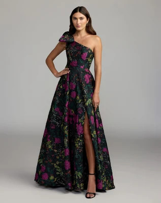 Black One Shoulder Brocade Floral Gown With Bow | Mac Duggal