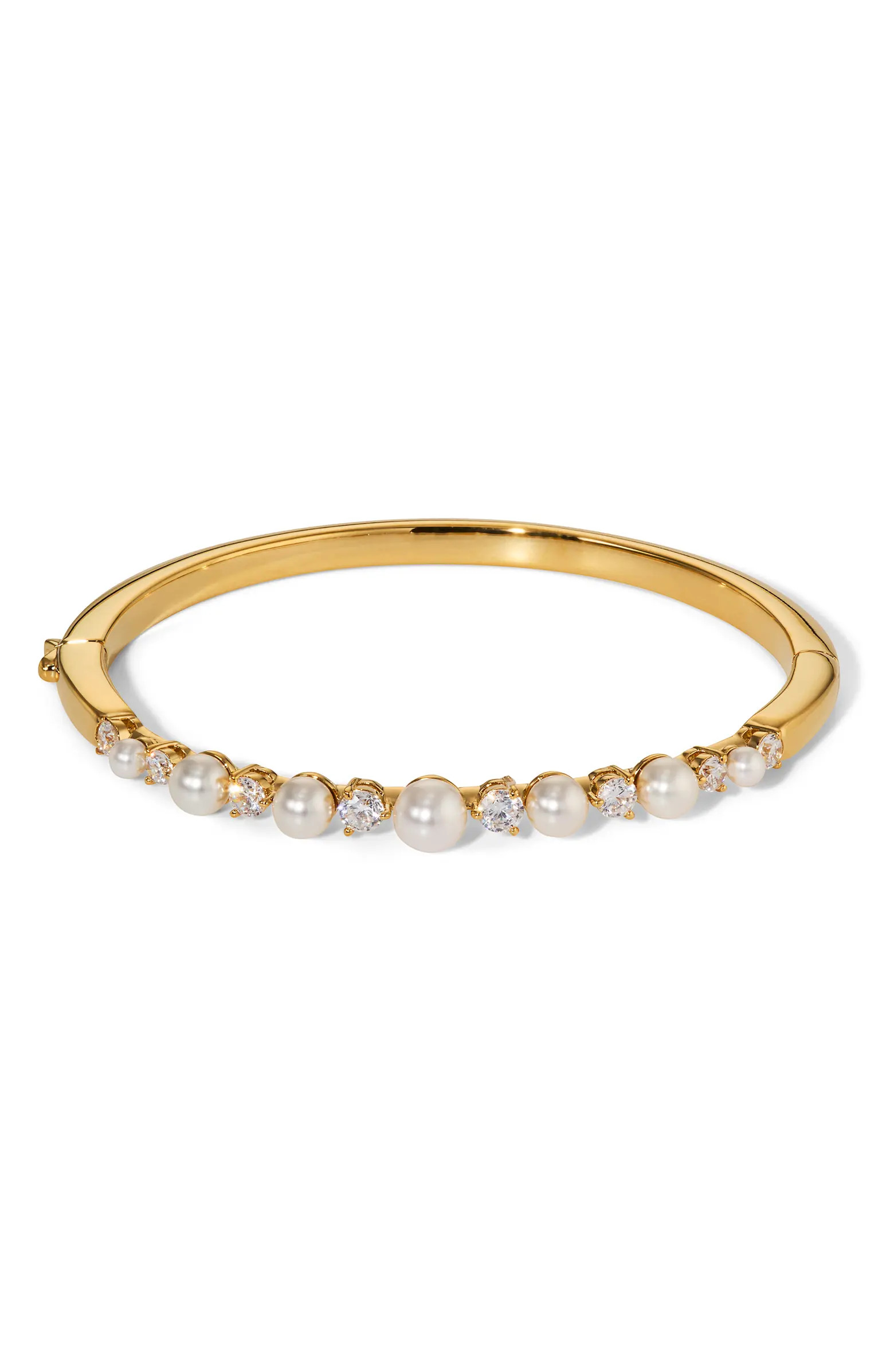 Cubic Zirconia & Faux Pearl Hinge Bangle Bracelet | Nordstrom