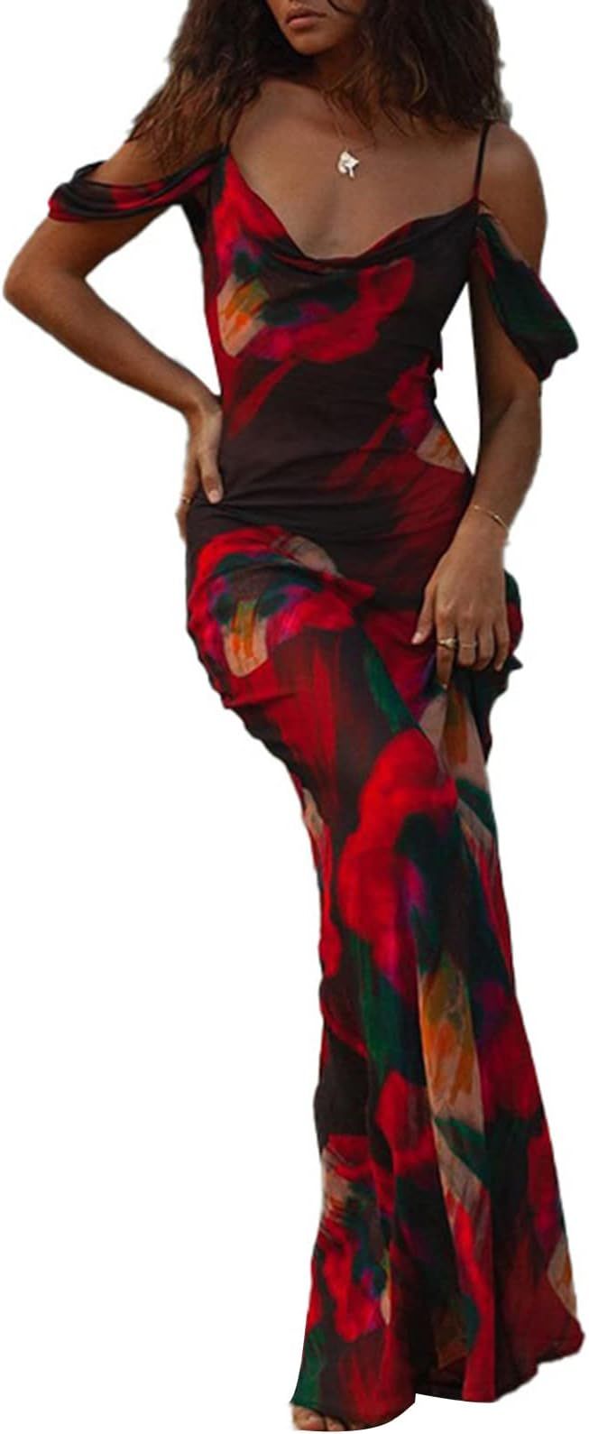 Women Y2k Floral Sheer Mesh Long Dress See Through Spaghetti Strap Maxi Dress Bodycon Tulle Cami ... | Amazon (US)