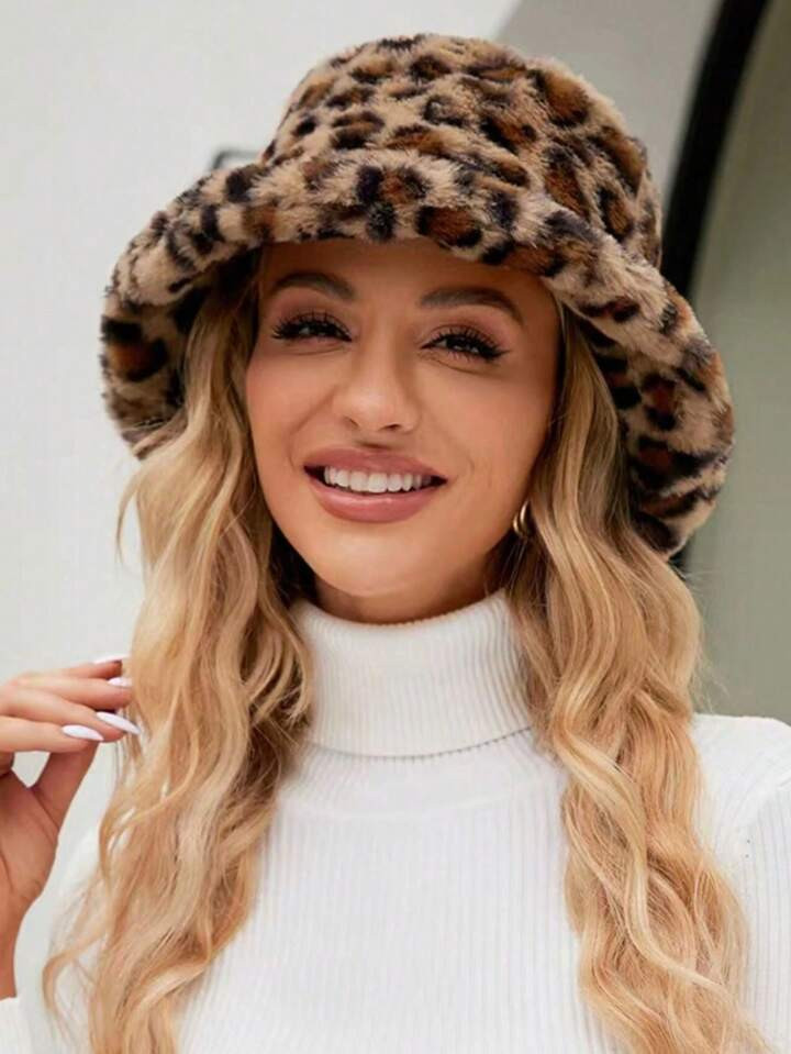 1 Women's Leopard Print Plush Bucket Hat, Plush Bucket Hat, Wool-Like Soft Hat Street Fashion War... | SHEIN