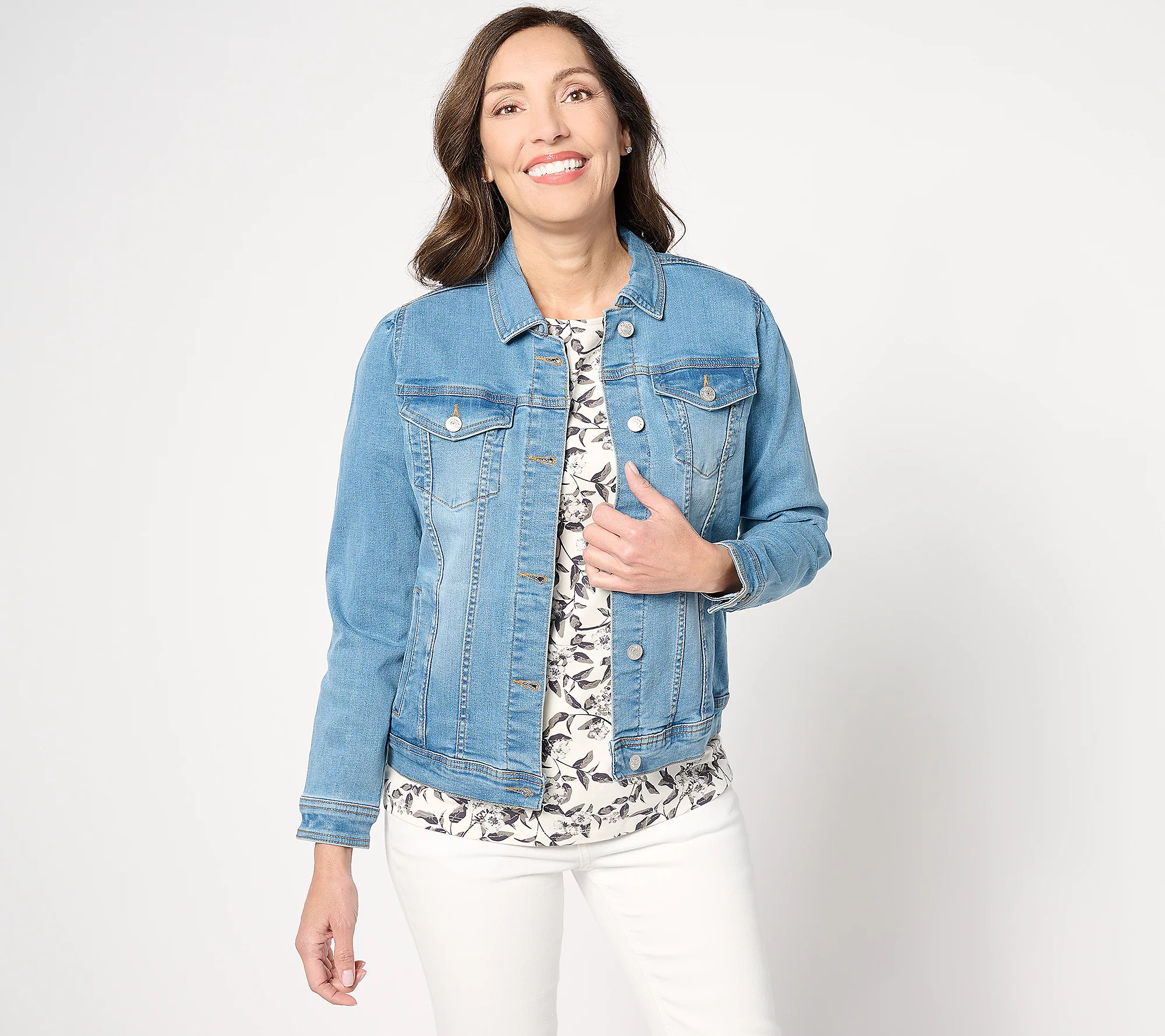 As Is Denim & Co. Easy Stretch Puff Sleeve Denim Jacket | QVC