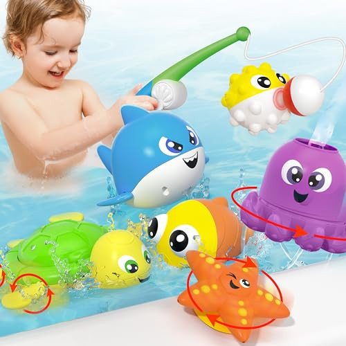 JOYIN Baby Bath Toy Set - Magnetic Fishing Toy with Fishing Rod, Soft Puffer & Clown Fish, Spinning Octopus and Starfish, Wind-up Shark and Turtle - Sensory Development for Infants & Toddler | Amazon (US)