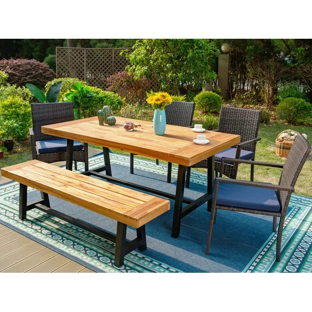 MF Studio 6 Pieces Outdoor Patio Dining Set, 4 Cushioned Wicker Chairs & 1 Acacia Wood Table & 1 ... | Walmart (US)