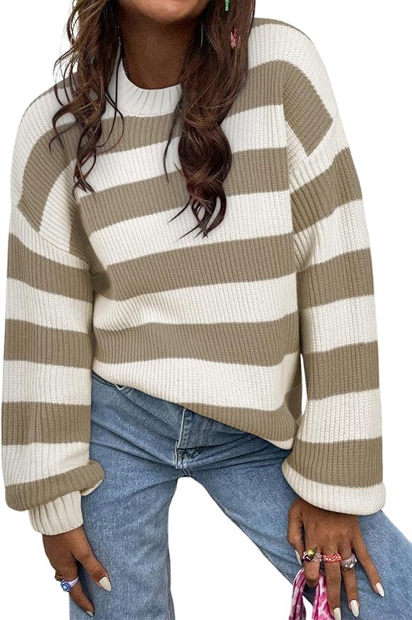 SHEWIN Womens Sweaters 2024 Casual Long Sleeve Crewneck Color Block Striped Knit Lightweight Pull... | Amazon (US)