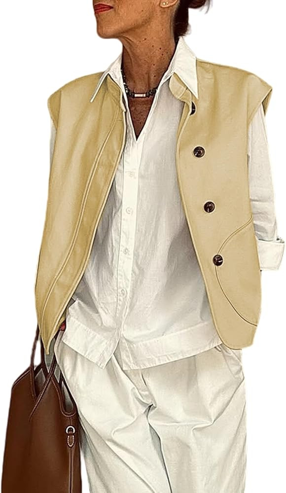 Watashi Women Vest Casual Button Up Stand Collar Lightweight Waistcoat Sleeveless Jacket Cardigan | Amazon (US)