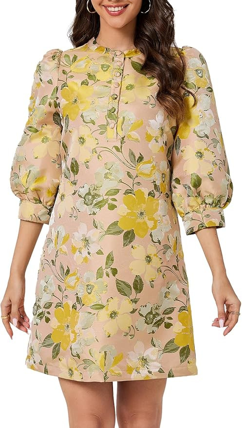 Ladyful Women's Floral Jacquard Shift Dress 2025 Long Puff Sleeve Button Up Elegant Cocktail Part... | Amazon (US)