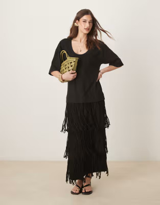 ASOS DESIGN scoop neck t-shirt midi dress with fringe skirt in black | ASOS | ASOS (Global)