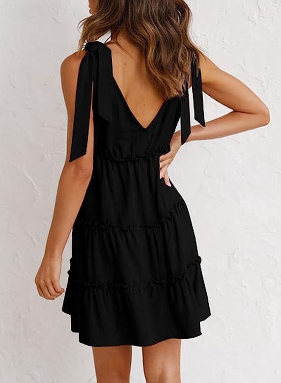 Anloli Summer Dress for Women V Neck Tie Strap Ruffle Sleeveless Mani Dress | Amazon (US)