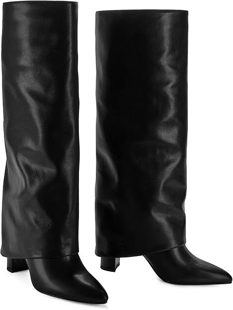 Modatope Knee High Boots Women Fold Over Knee High Boots Chunky High Heels Long Boots Zipper Poin... | Amazon (US)