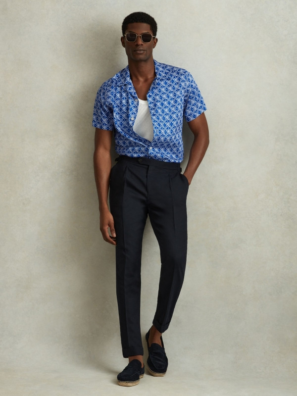 Reiss Bright Blue/White Tintipan Printed Cuban Collar Shirt | Reiss UK