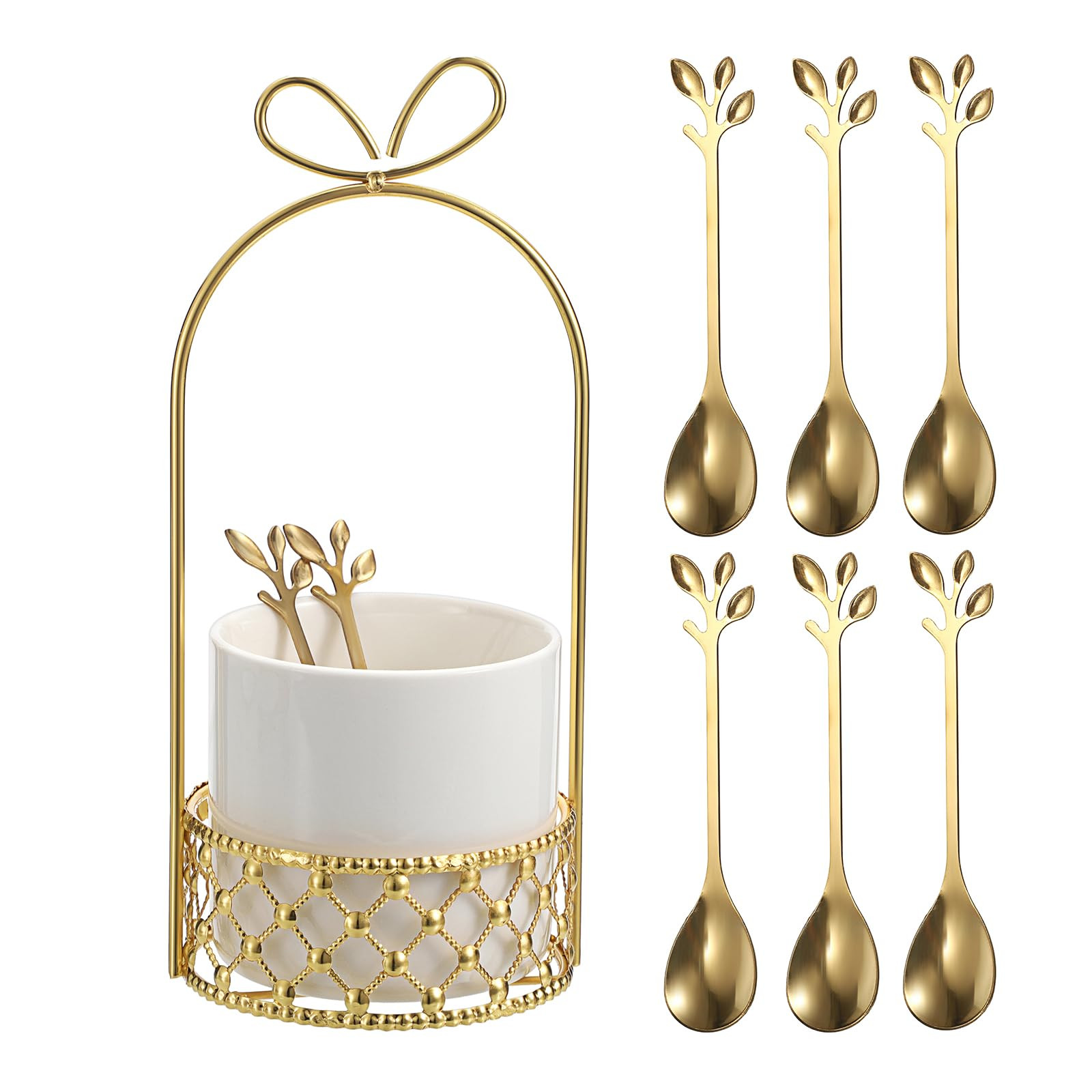 ELLDOO Coffee Spoon Set, White Ceramic Holder with 8 Stainless Steel Gold Leaf Coffee Spoons, Cre... | Amazon (US)