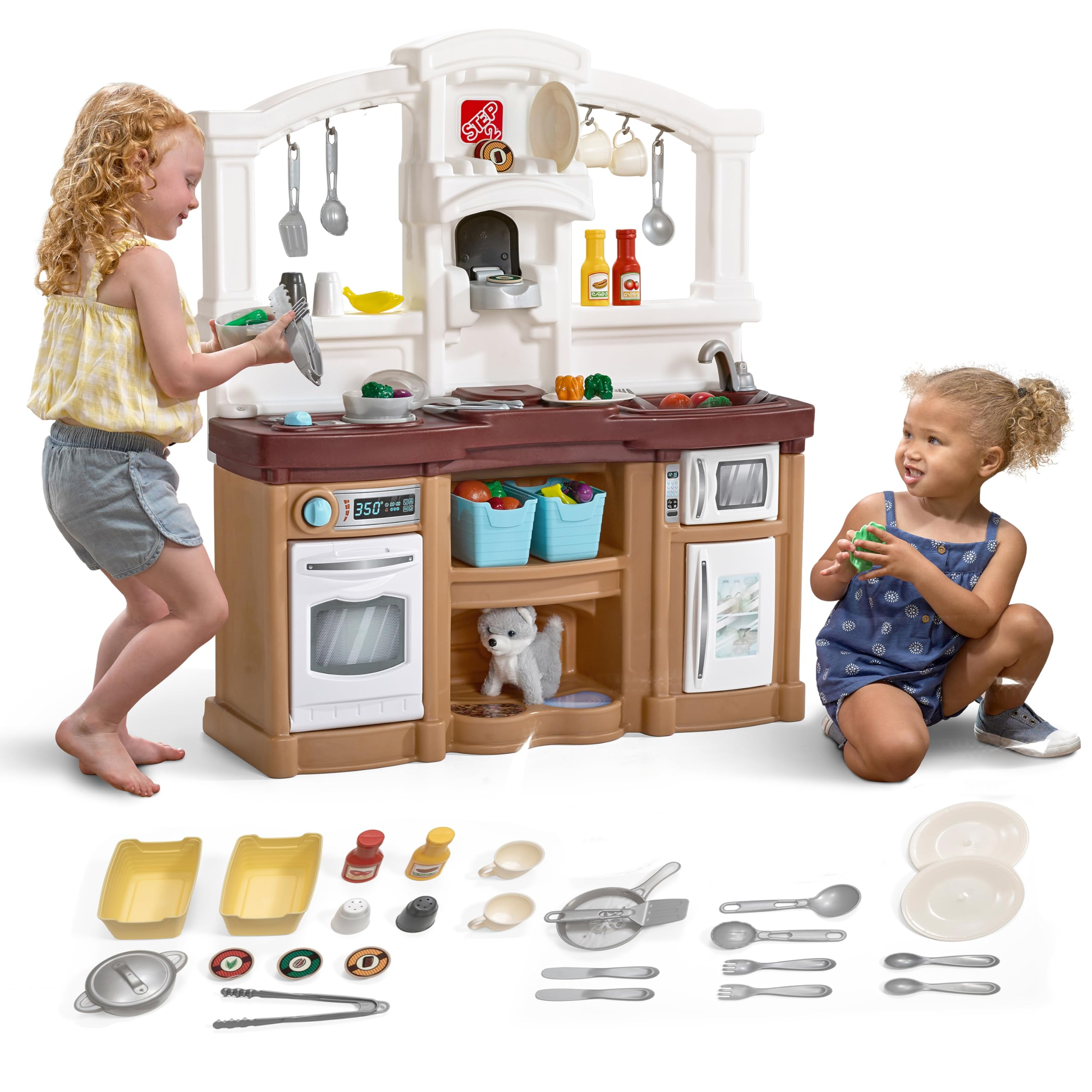 Step2 Fun with Friends Kids Kitchen Playset, Indoor/Outdoor Kitchenette, Interactive Play with Lights and Sounds, Durable Plastic, Includes 25 Piece Toy Accessories, Toddlers 2+ Years Old, Tan | Amazon (US)