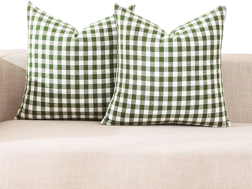 CARRIE HOME Light Green Farmhouse Throw Pillow Covers 22x22 Set of 2, Spring Summer Outdoor Check... | Amazon (US)